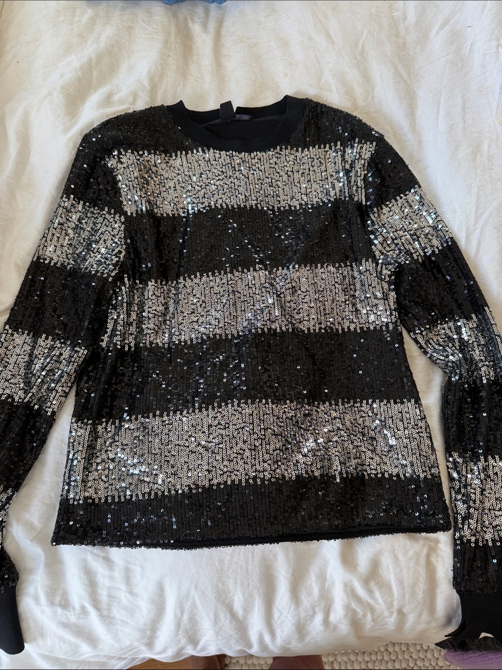 All Saints Black and Silver Sequin Striped Long Sleeve Top